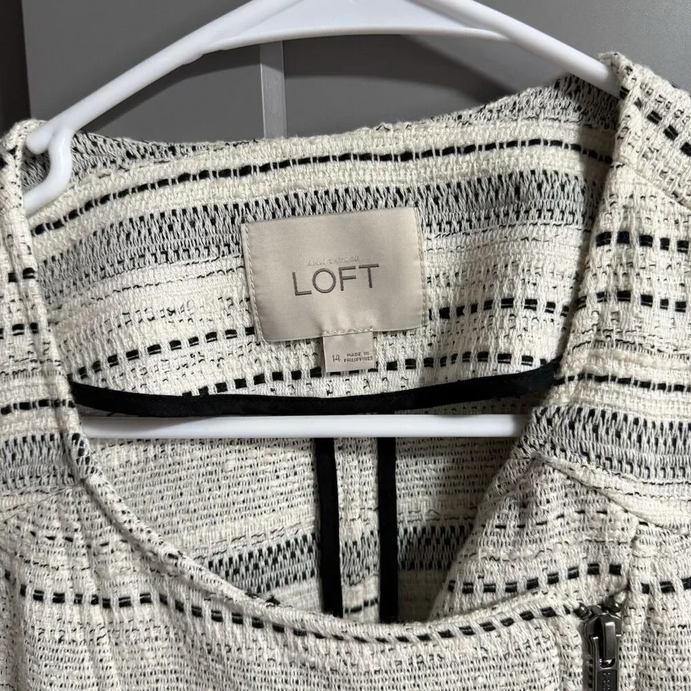 Loft Women Tweed Stripe Moto Full Zip Blazer Jacket Black/White 14(US L) Pockets